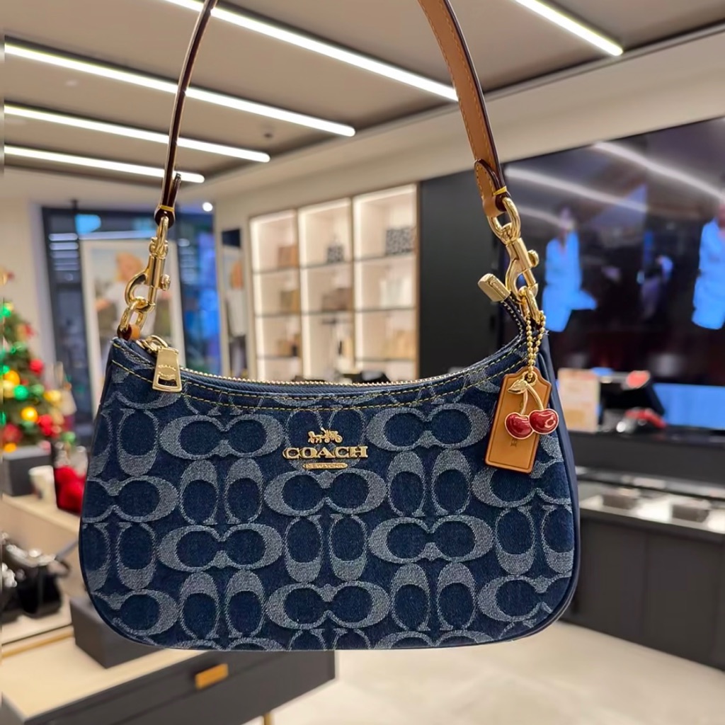 Coach Blue Signature Shoulder Bag With Gold Accents